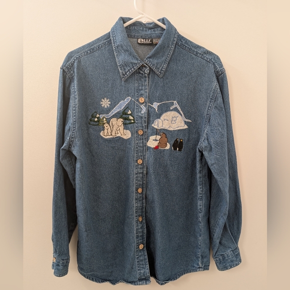 Vintage Embroidered Women's Denim Button Down Shirt Winter Mountains Size Large - Picture 2 of 6